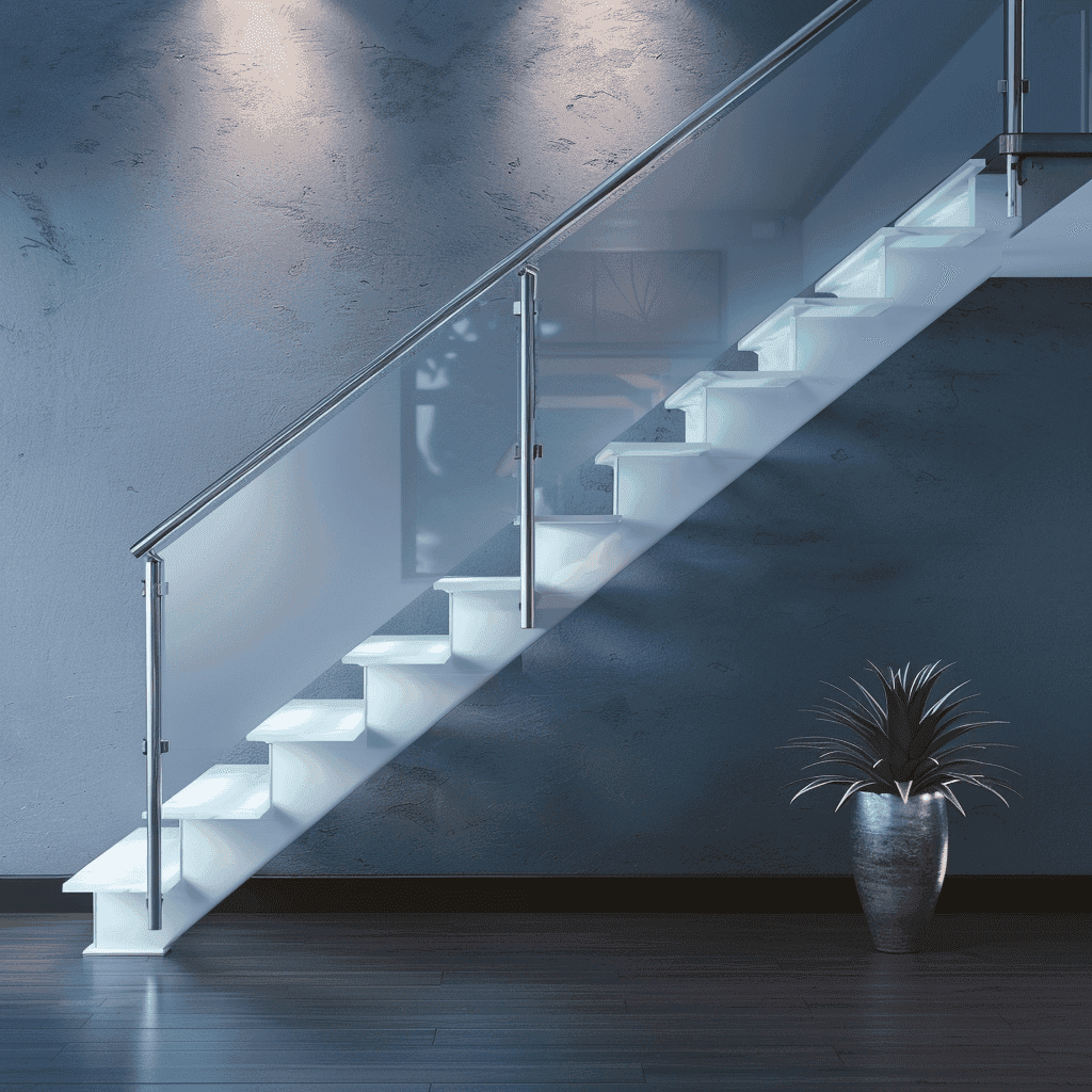 Modern glass stair railing with tempered glass panels and a sleek design, highlighting custom glass solutions for interior spaces.