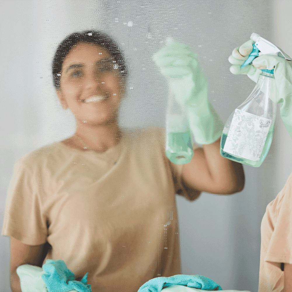 person cleaning a mirror with glass cleaner, showcasing the importance of maintenance for custom glass products like shower doors and table tops, emphasizing the clarity of tempered and beveled glass edges.