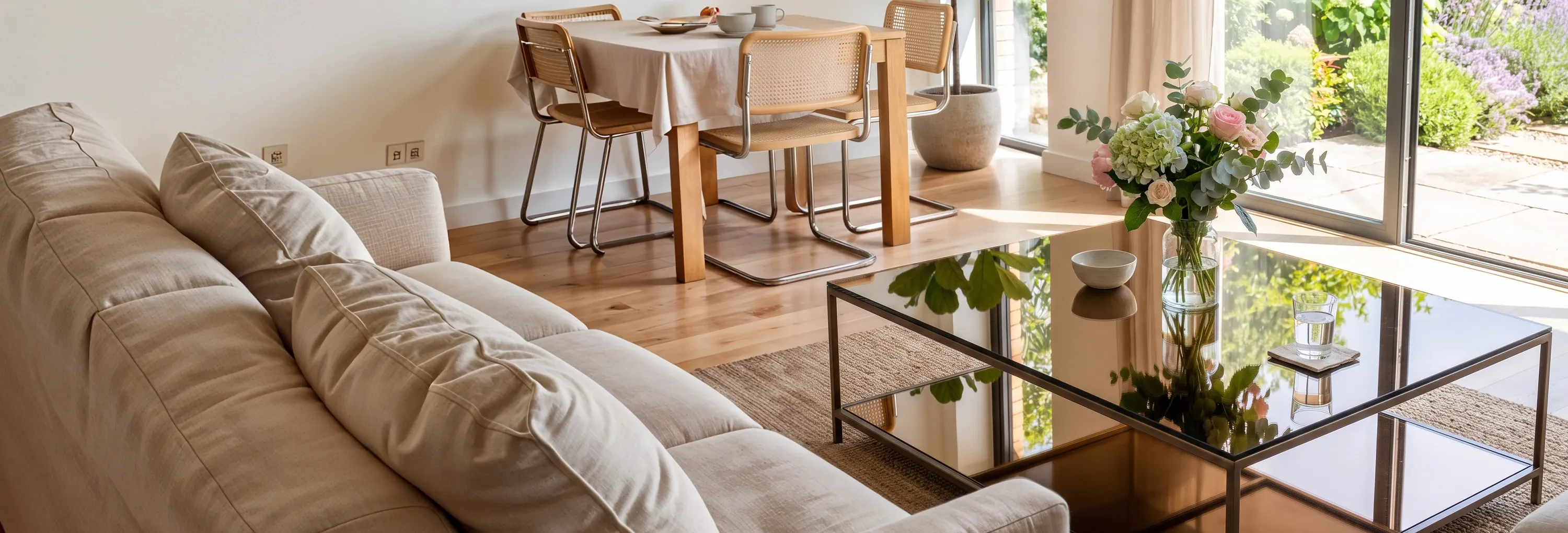 A modern square bronze glass coffee table with a floral centerpiece, situated in a sunlit living room with a view of a garden.