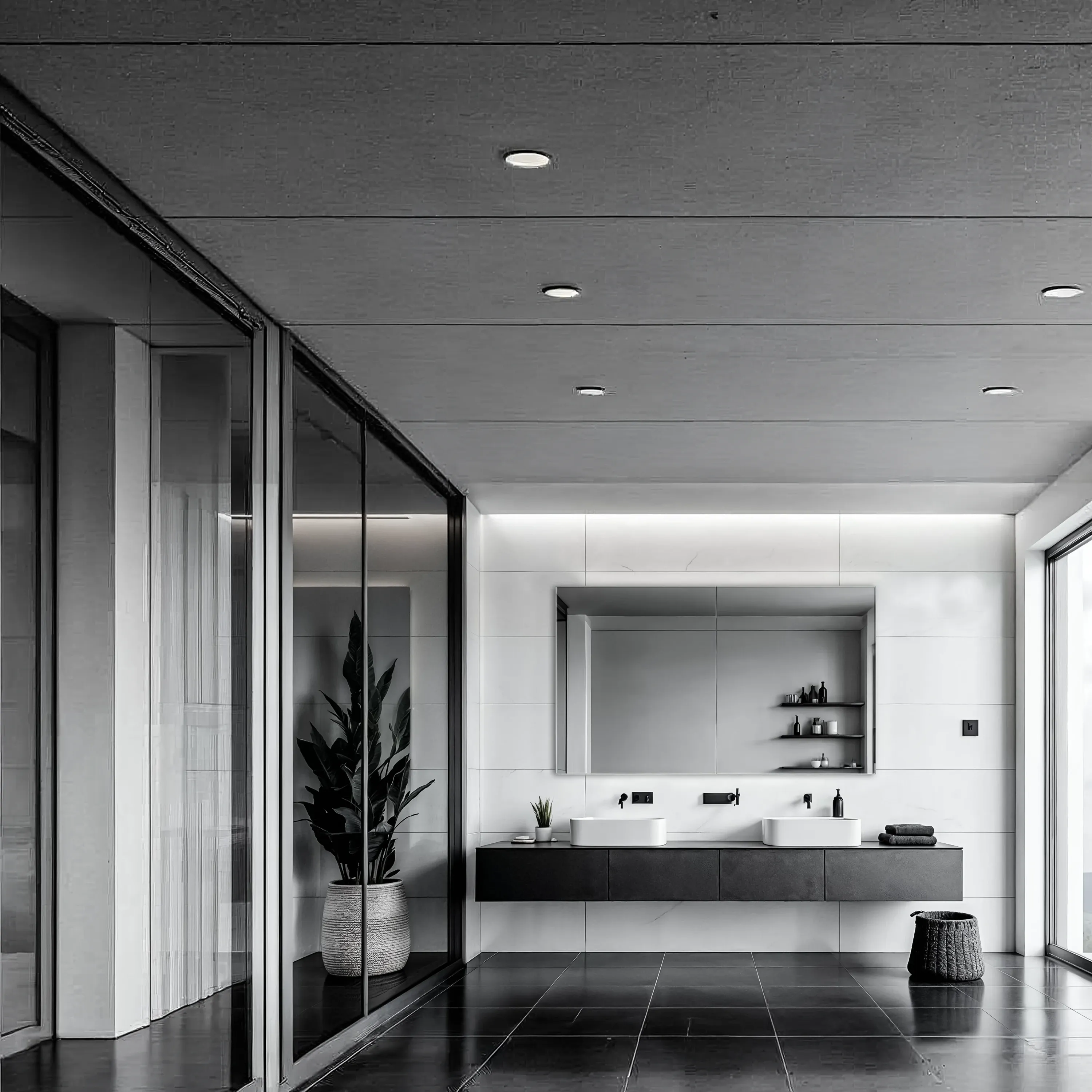 A sleek, monochromatic modern bathroom featuring a floating dark vanity, double vessel sinks, dark tile floors, and a large frameless rectangular mirror.