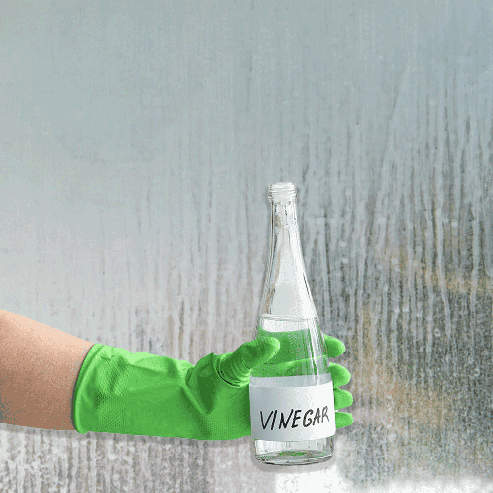 Hand wearing green glove holding a bottle of vinegar in front of a wet glass surface