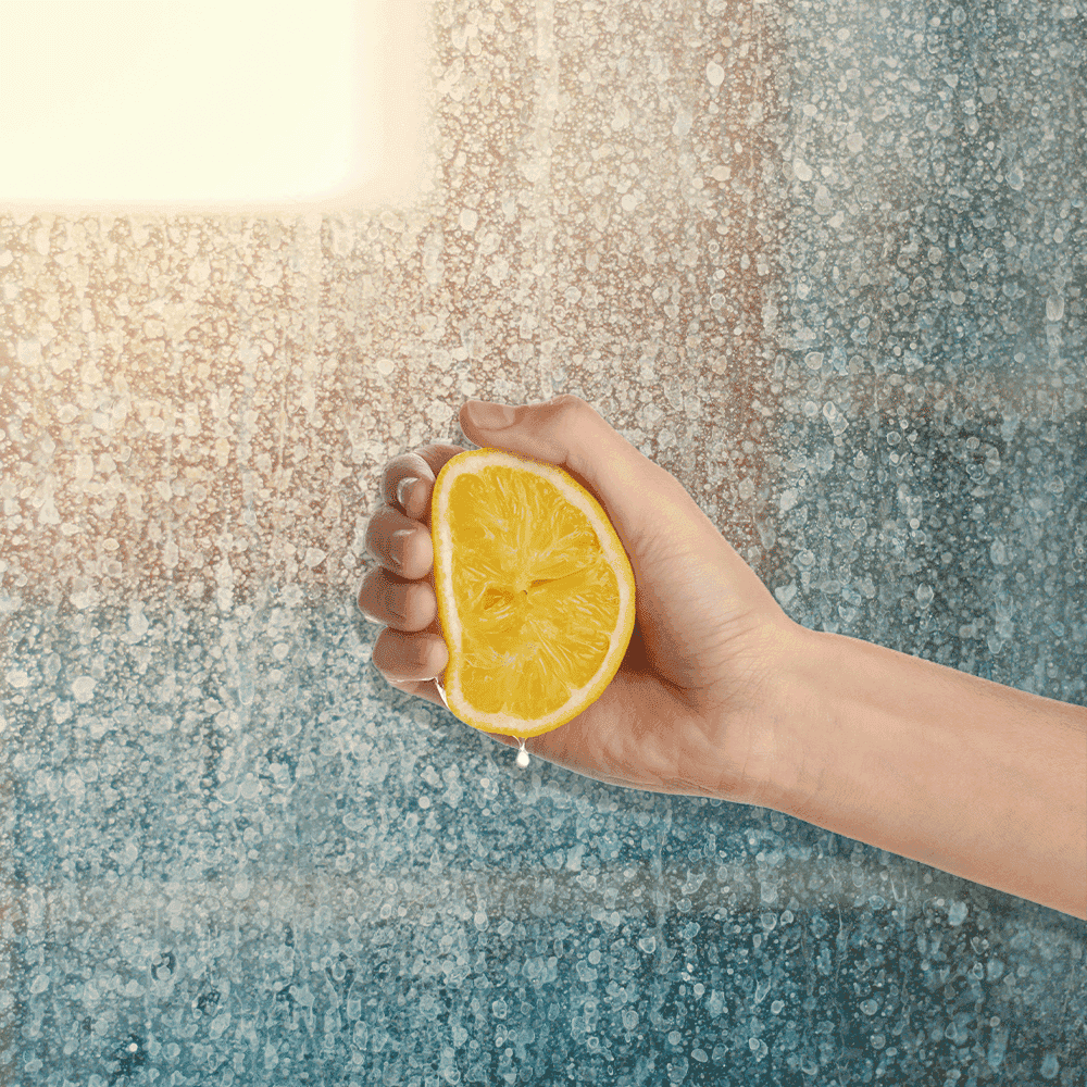 Hand holding a lemon in front of a foggy glass shower door
