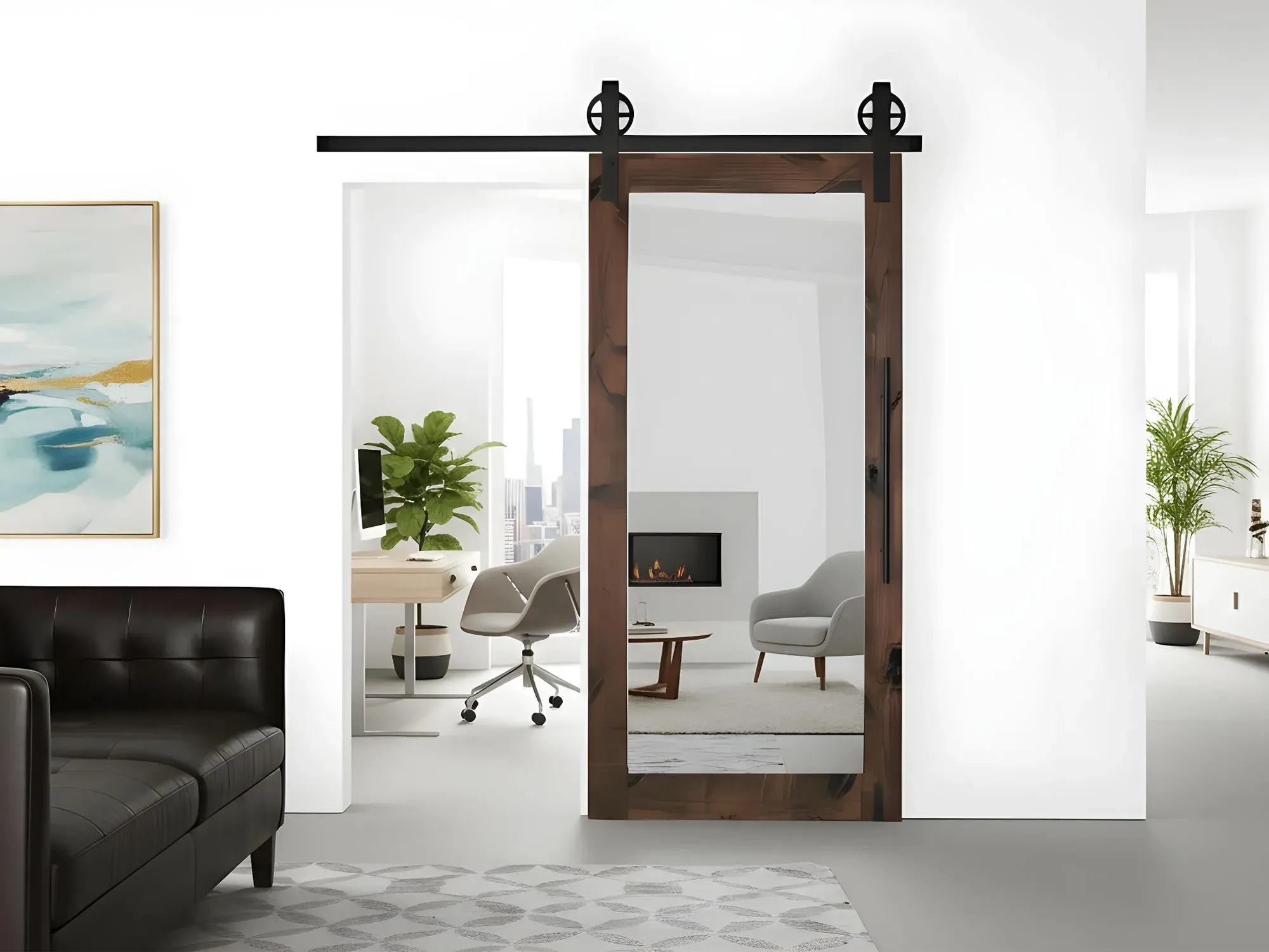 A rustic dark wood sliding barn door with a full-length mirror panel, separating a living area from a modern home office.