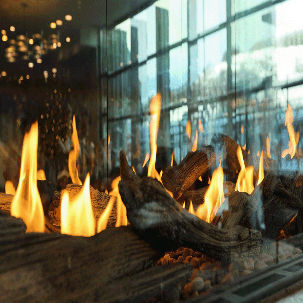 Modern fireplace with custom glass enclosure, reflecting flames and logs, emphasizing the use of tempered glass.