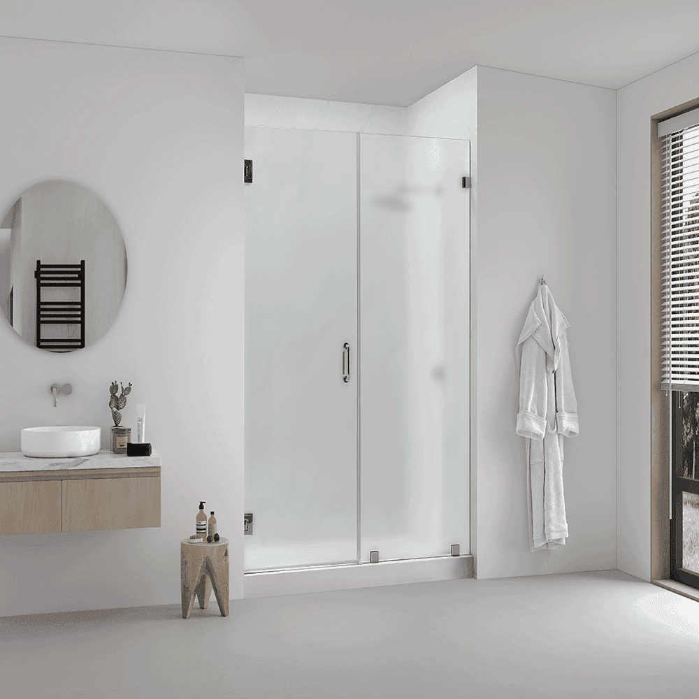 Modern bathroom featuring a glass shower door, round mirror, and stylish vanity with custom glass tabletop, showcasing tempered glass elements and a clean, minimalist design.