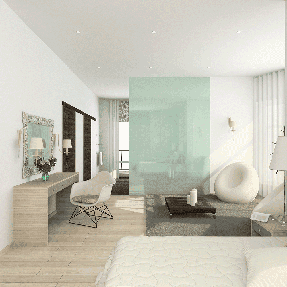 Modern bedroom showcasing custom glass features, including a translucent glass divider, stylish mirrors, and elegant decor, ideal for shower doors and tabletop designs with beveled glass edges.