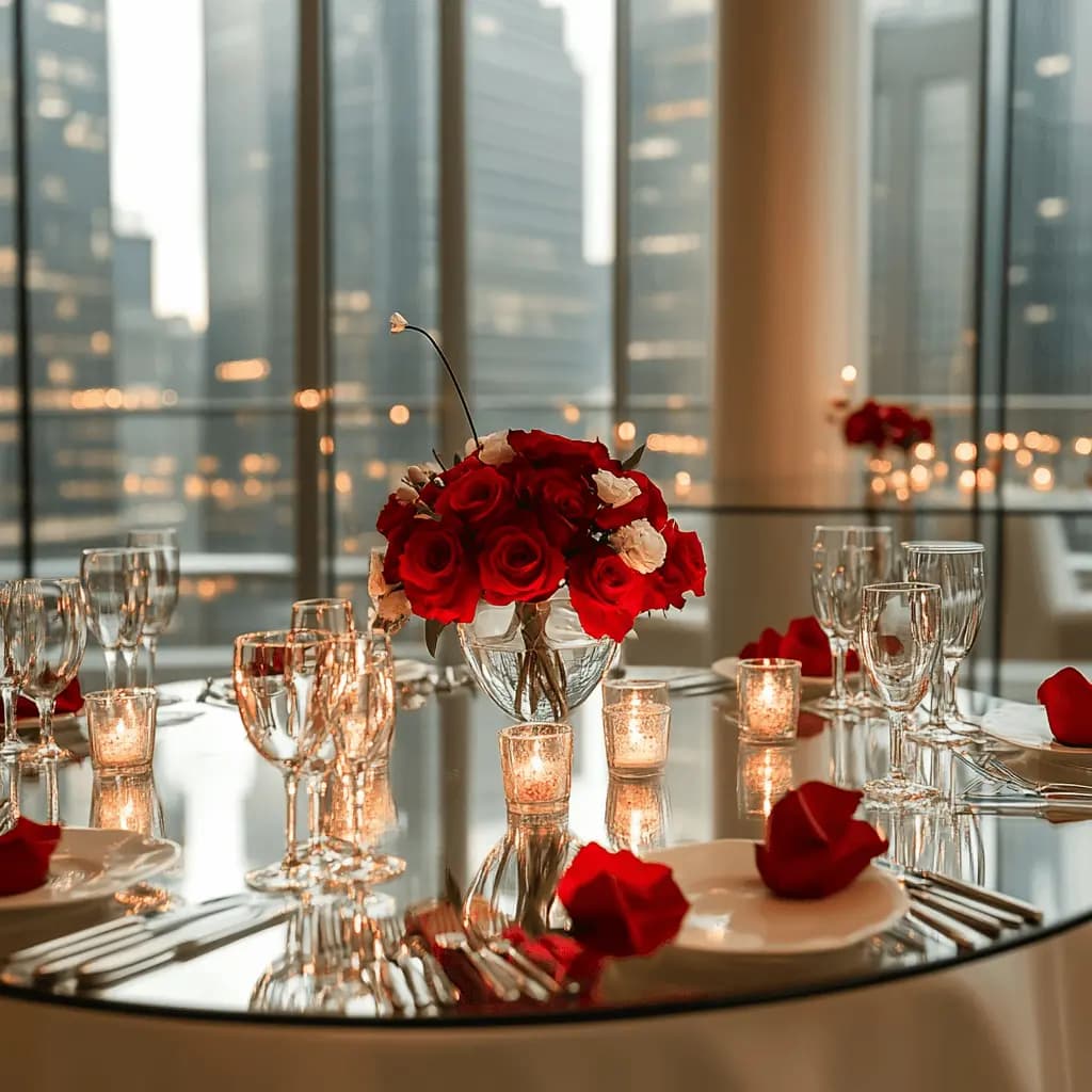 Romantic dining setup with a mirrored glass table, red roses centerpiece, candlelight, and city skyline views.