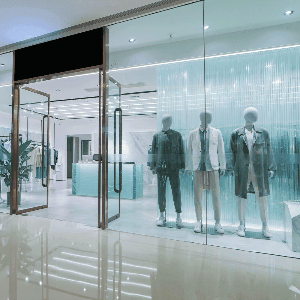 Modern retail storefront showcasing custom glass doors and displays, featuring mannequins in stylish clothing, highlighted by sleek, tempered glass elements and a chic interior design.