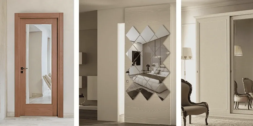 Interior featuring a wooden door with a glass panel, a decorative mirror with a diamond pattern, and a full-length mirror in a stylish setting, highlighting custom glass, tempered glass, and beveled glass edge options.