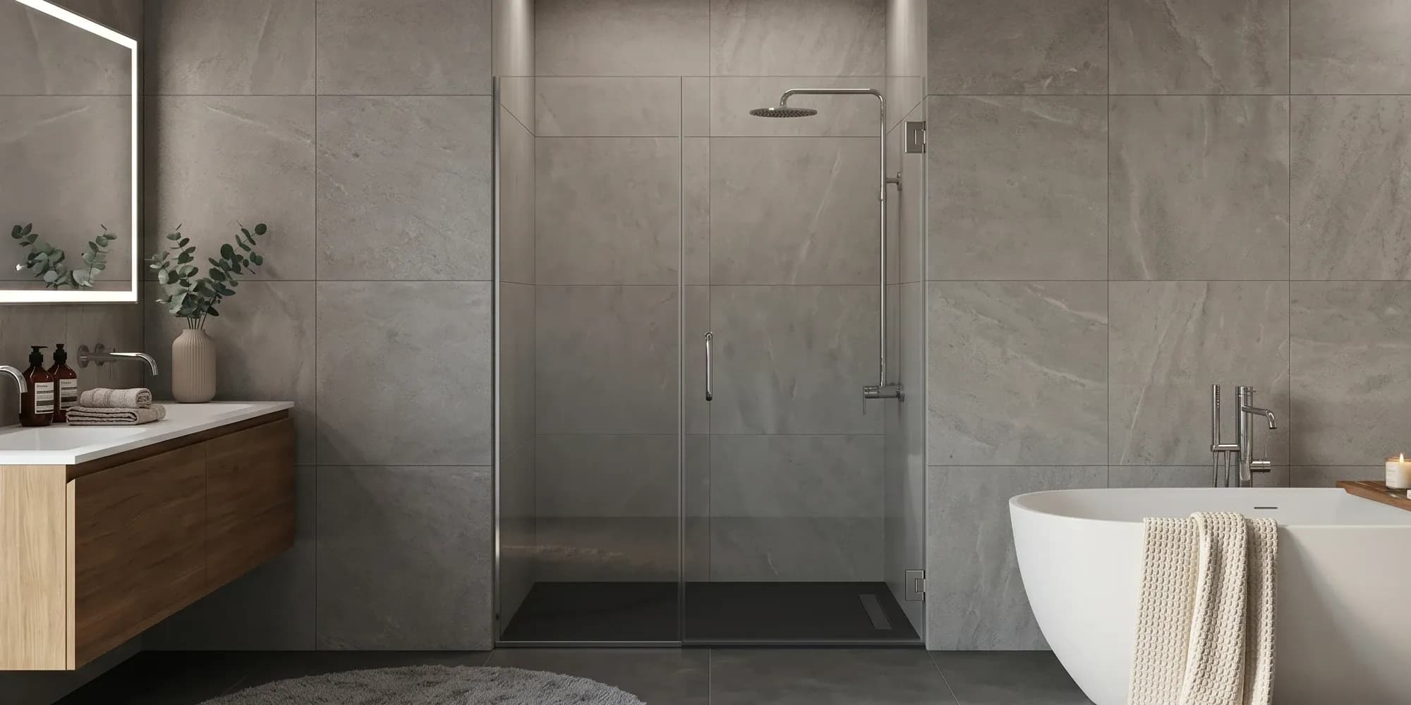 A modern bathroom featuring a walk-in glass shower with a black base, large grey stone wall tiles, a floating wood vanity with a white countertop, and a freestanding white soaking tub.
