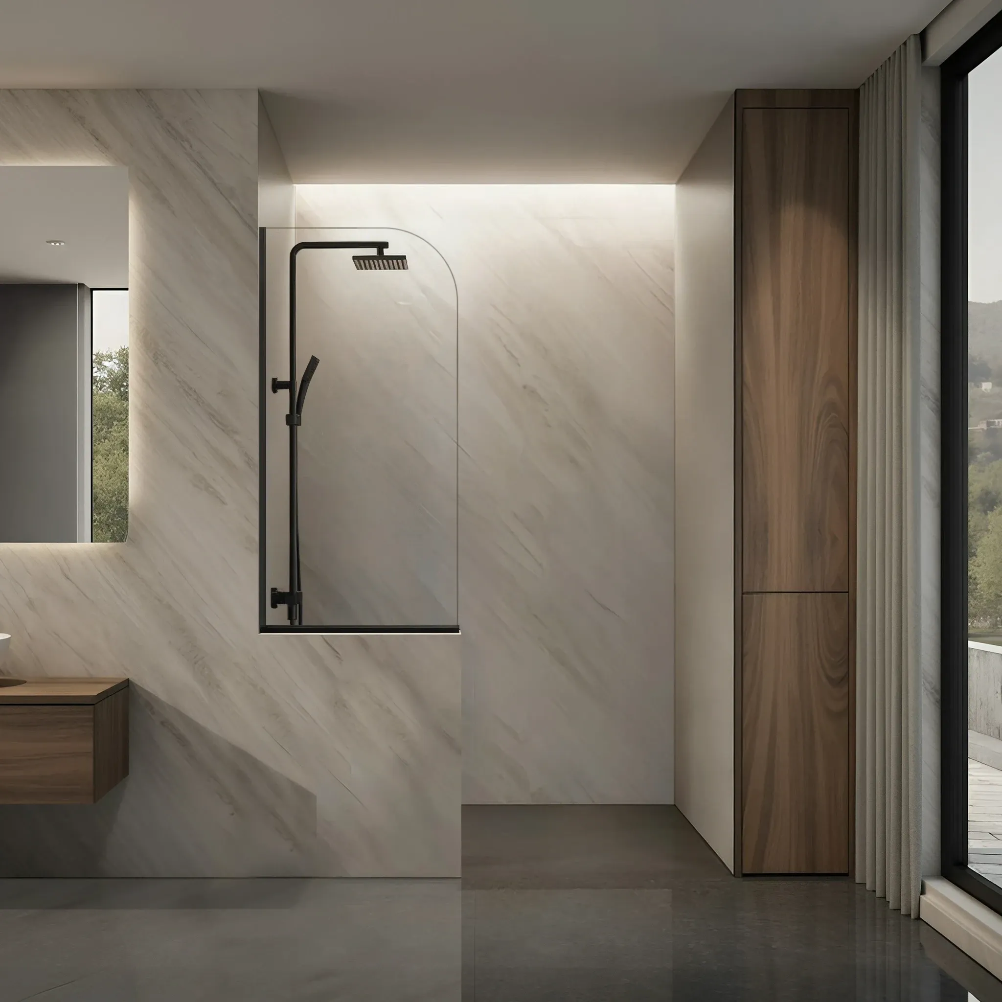 Right Open Single Shower Round Screen with Left Knee Wall
