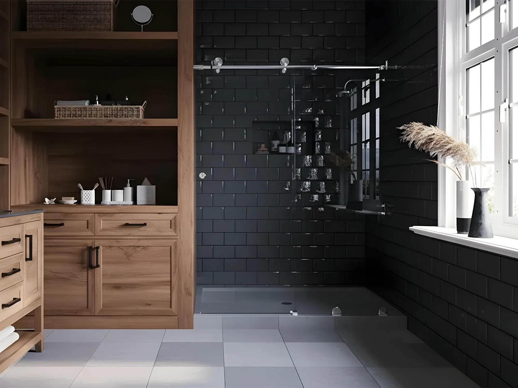 A stylish bathroom with black subway tiles, featuring a sliding glass shower door on a chrome barn-door track and custom light oak cabinetry for a modern farmhouse look.