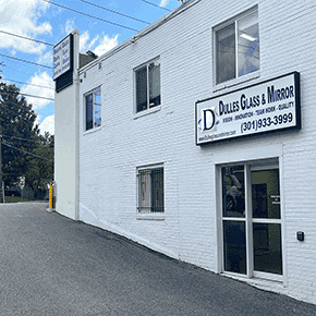 Dulles Glass & Mirror storefront featuring custom glass solutions, including shower doors, table tops, mirrors, tempered glass, and beveled glass edges.