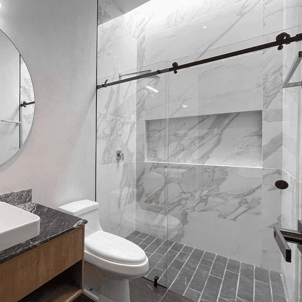 Contemporary bathroom featuring custom glass shower doors