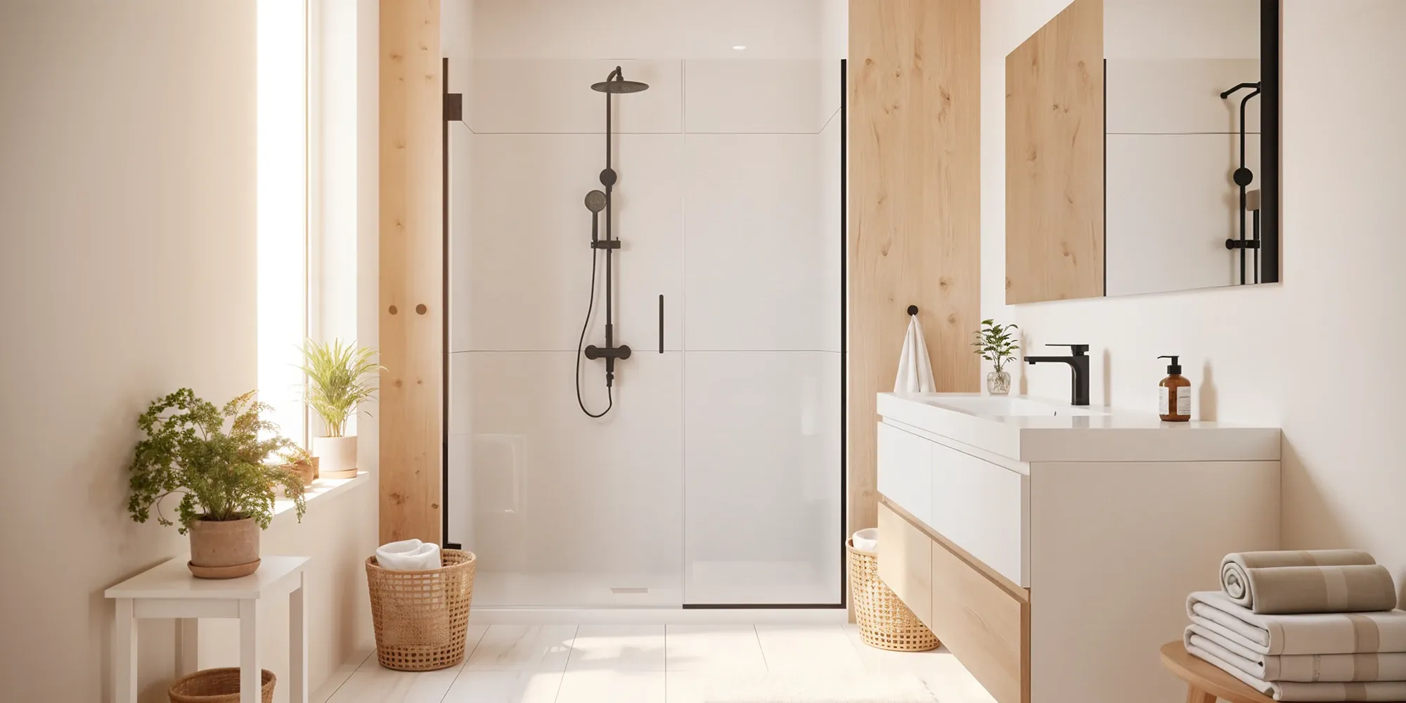 A bright, sunlit bathroom with a Scandinavian design, featuring a walk-in shower with a black-framed glass door, a light wood vanity, and natural decor elements.