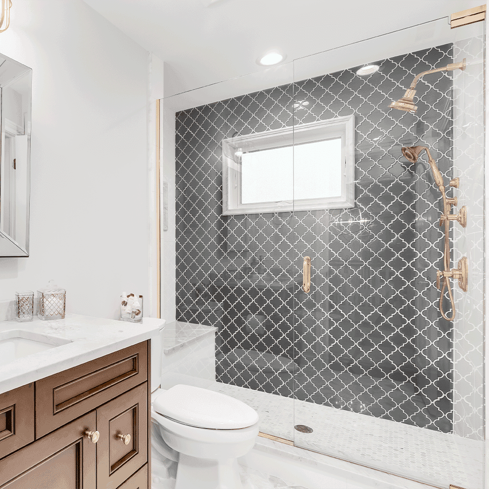 Elegant bathroom featuring custom shower doors