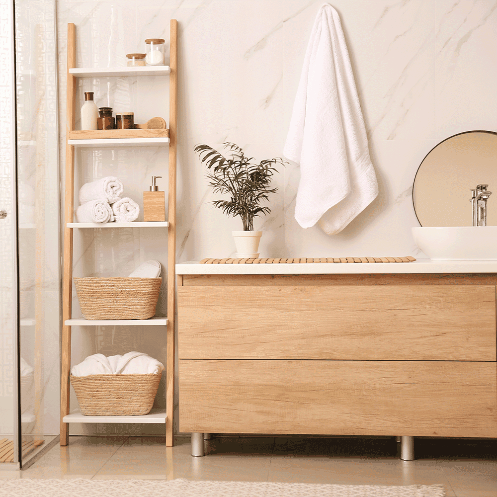 Elegant bathroom scene featuring a round mirror