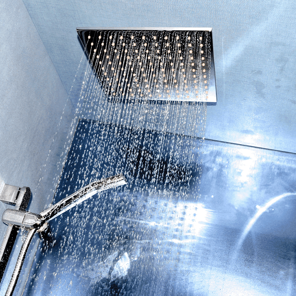 Luxury shower experience featuring a stylish rain showerhead with water cascading down