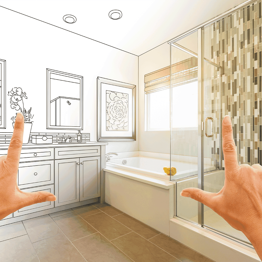 Modern bathroom design featuring custom glass shower doors