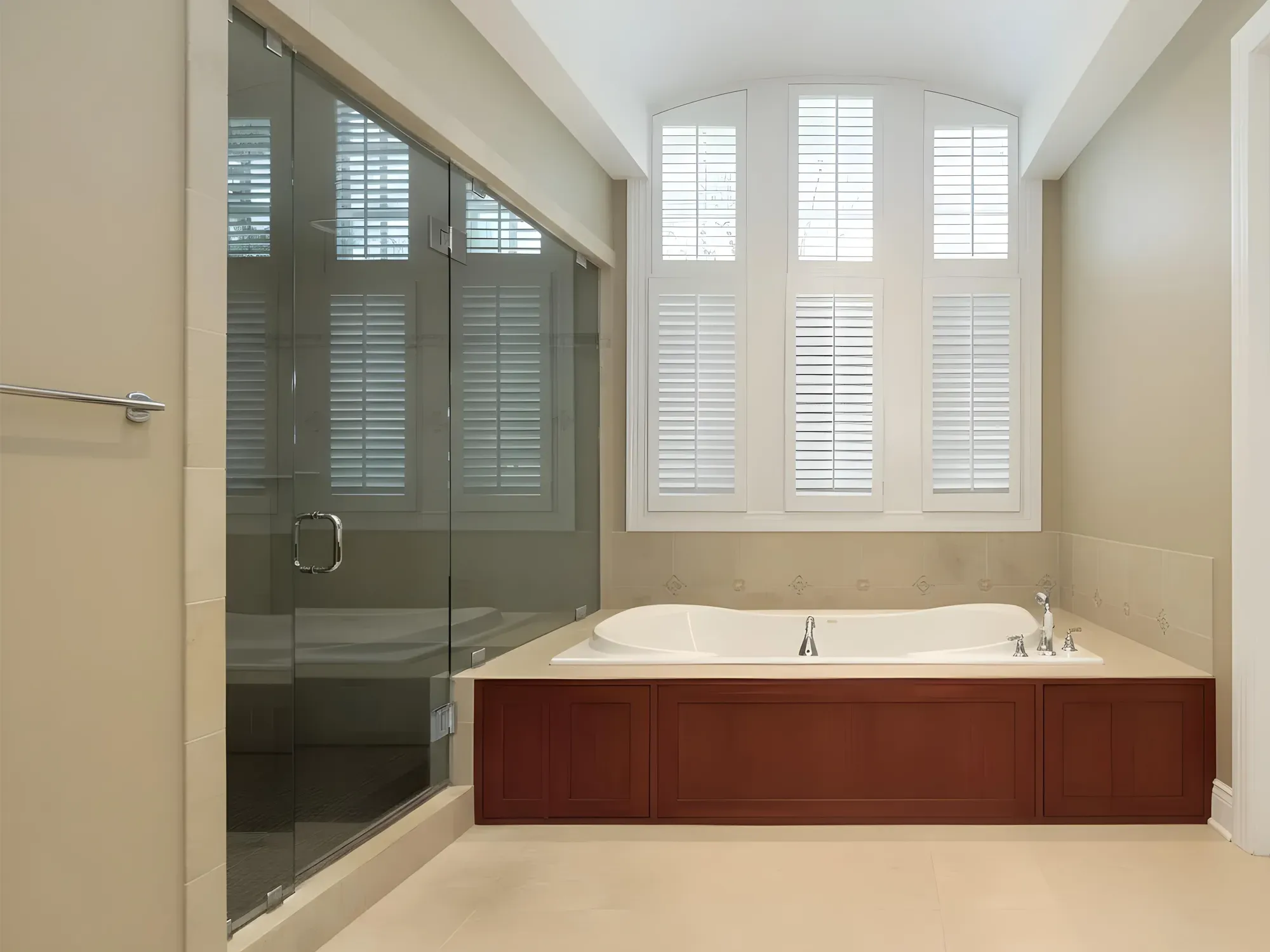 A spacious, traditional bathroom featuring a large frameless glass shower enclosure next to a built-in bathtub with a dark wood surround and white plantation shutters.