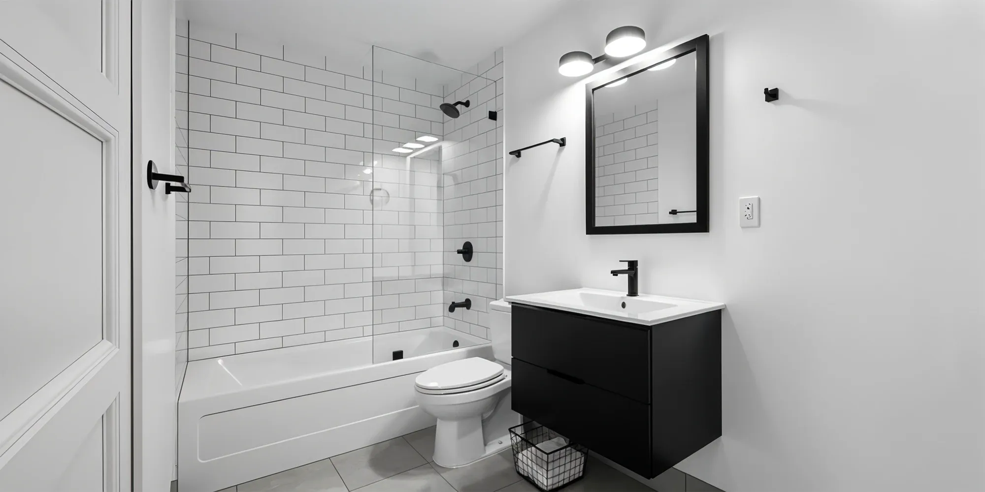 A modern black and white bathroom featuring a tub-shower combo with a frameless glass screen, white subway tile, and bold matte black fixtures.