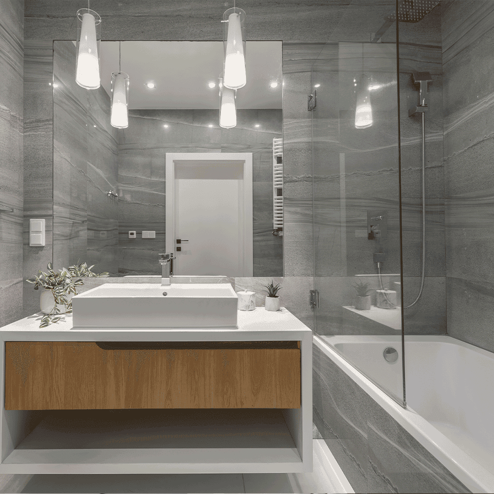 Modern bathroom with custom glass shower doors