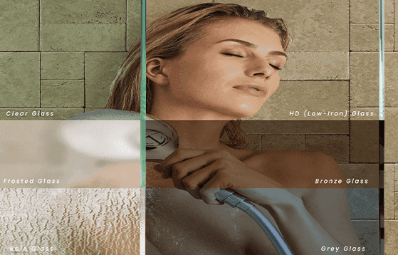 Custom glass options for shower doors featuring clear, frosted, bronze, grey, and HD (low-iron) glass, highlighting the beauty and versatility of tempered glass and beveled glass edges.