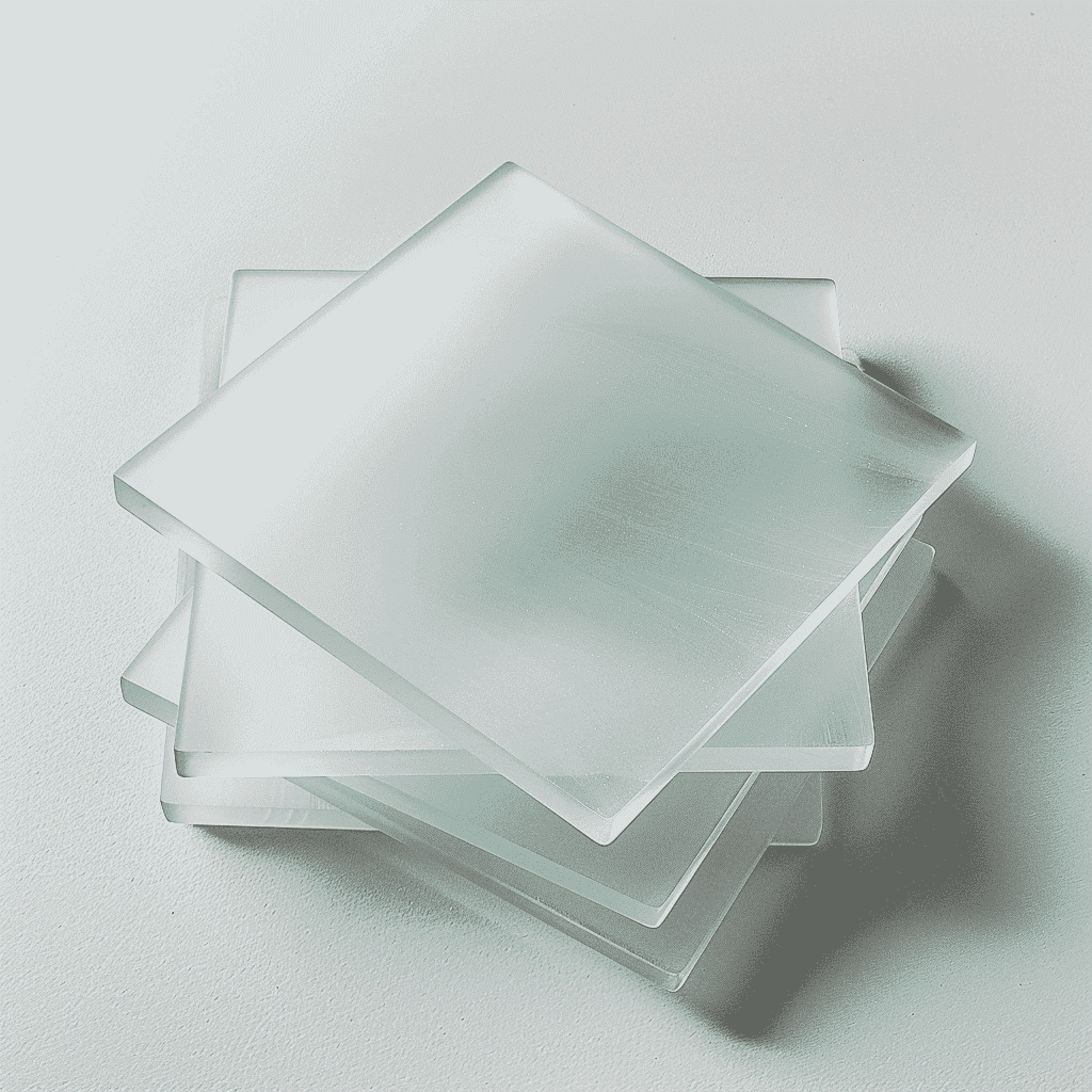 Frosted glass sheets stacked, showcasing custom glass options for shower doors, table tops, and mirrors with a focus on tempered and beveled edges.