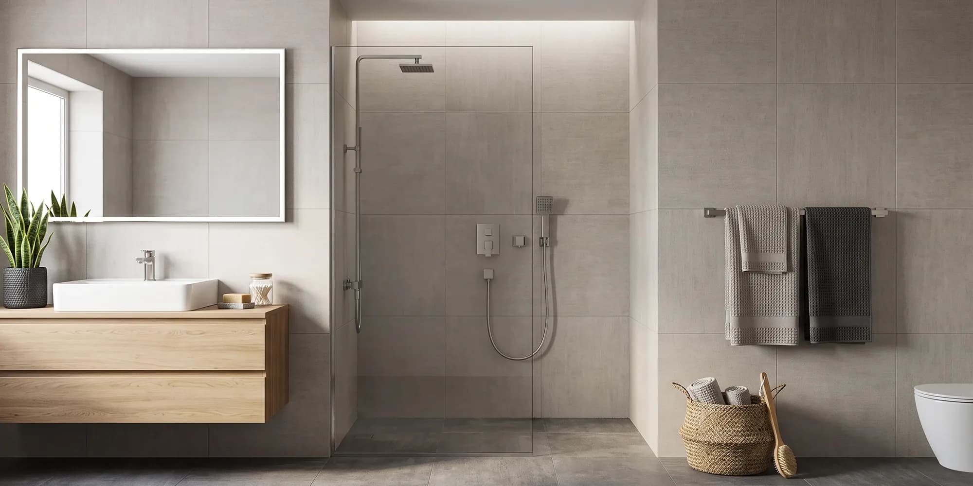 Frameless fixed glass shower panel in a beige-tiled walk-in shower beside a wood vanity