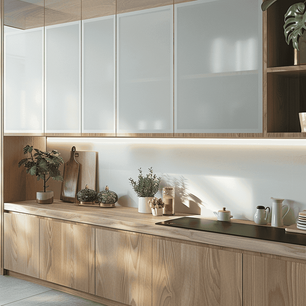 Modern kitchen design featuring custom glass cabinet doors, a wooden countertop, and decorative elements, ideal for showcasing tempered glass and beveled glass edge options for shower doors and table tops.