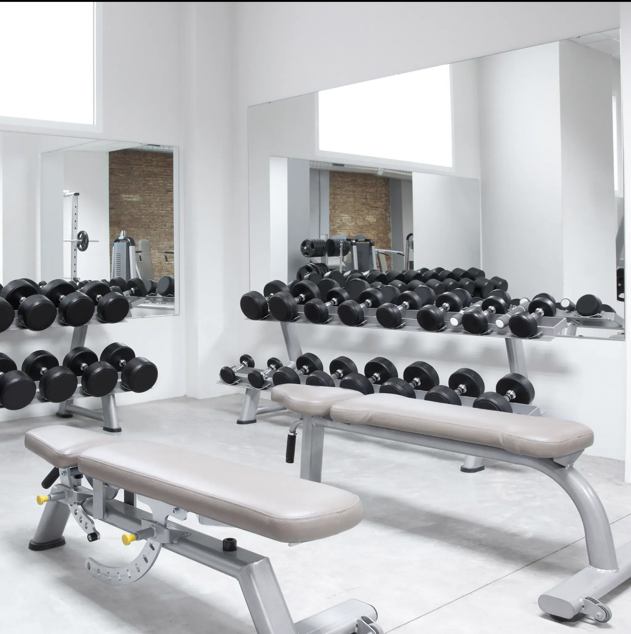 Custom glass mirrors reflecting a modern gym environment with dumbbell racks and workout benches, showcasing features like tempered glass and beveled edges.
