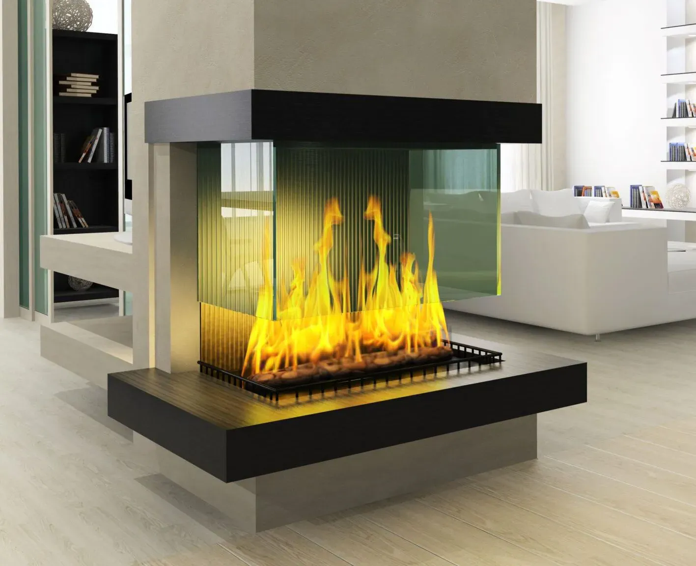 Modern living room featuring a stylish glass fireplace with custom glass panels and a sleek black mantel, showcasing the beauty of tempered glass in interior design.