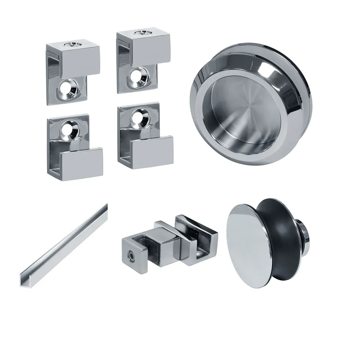 chrome hardware for shower doors, tempered glass fittings, custom glass installation accessories, beveled glass edge components