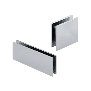 Polished chrome glass clips for securing tempered glass in shower doors, custom glass applications, and beveled glass edge installations.