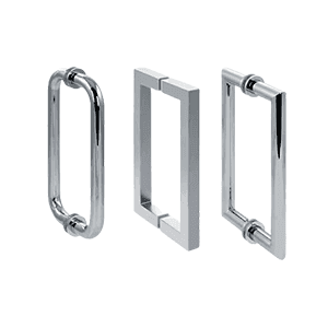 Chrome handles for custom glass shower doors, showcasing modern design and functionality, relevant for tempered glass and beveled glass edge applications.