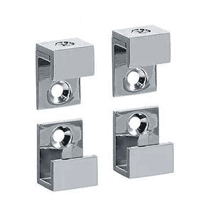 Chrome shower door brackets suitable for custom glass installations, compatible with tempered and beveled glass edges.