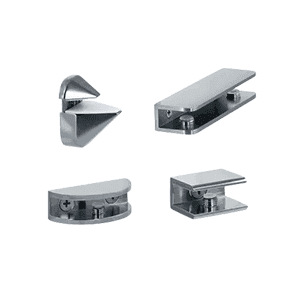 Various glass shower door hardware options, including brackets and clamps, for custom glass installations like shower doors, table tops, mirrors, tempered glass, and beveled glass edges.