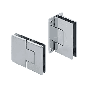 Polished chrome shower door hinges for custom glass installations with tempered and beveled glass edge options.