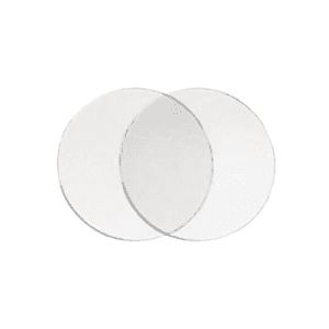 Two overlapping round glass circles, showcasing custom glass design options for table tops and shower doors, featuring clear tempered glass.