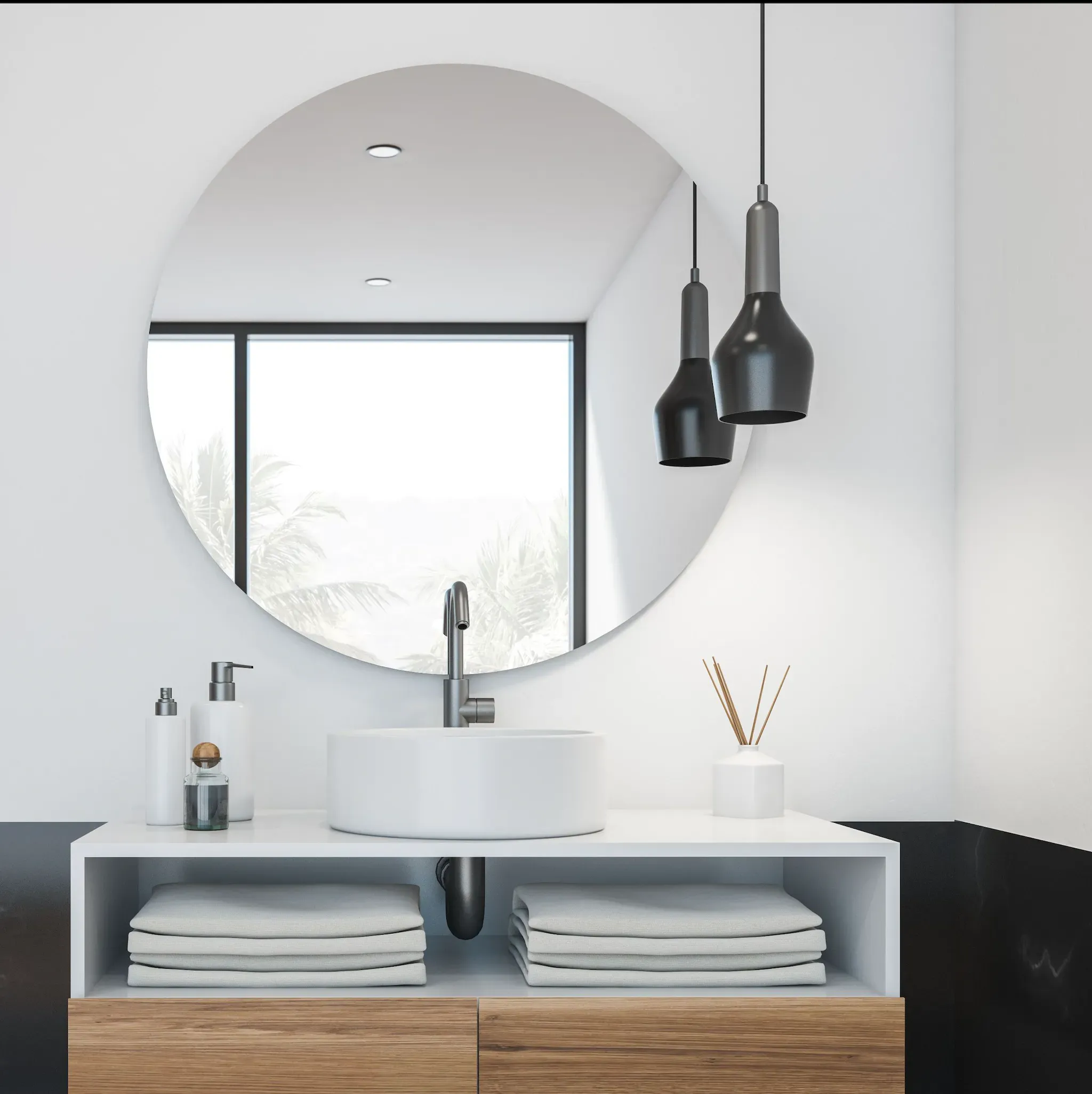 modern bathroom with a round mirror and stylish sink, showcasing custom glass elements, emphasizing mirrors and sleek design, ideal for custom glass solutions and home decor.
