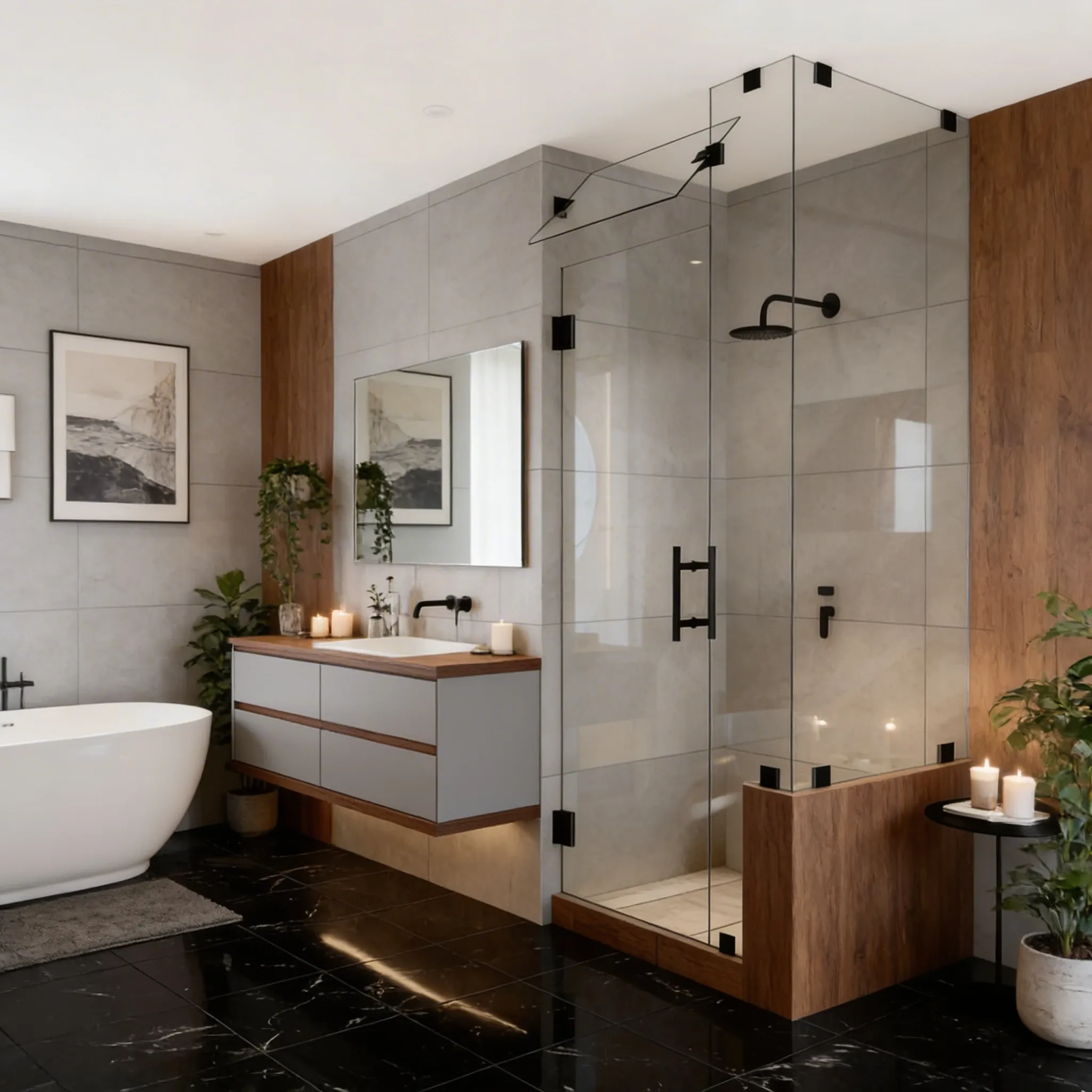 Luxury bathroom with black marble floors, wood-paneled shower base, and floating gray vanity.